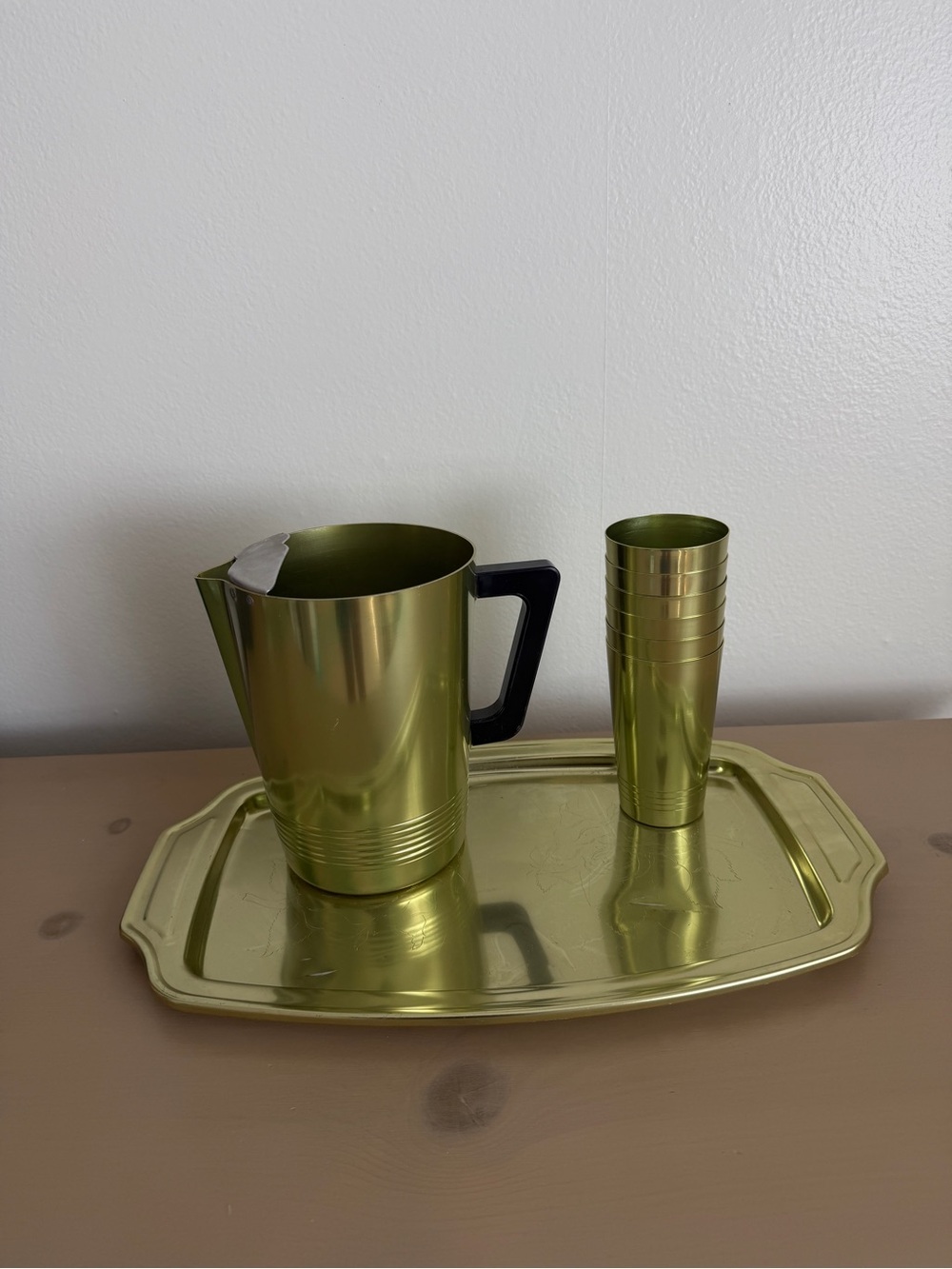 Regal vintage green anodized aluminum pitcher and tumbler set w matching tray